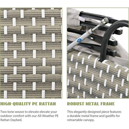 Patio Furniture Round Outdoor Sectional Sofa Set Rattan Daybed Two-Tone Weave Sunbed with Retractable Canopy, Separate Seating and Removable Cushion, Gray