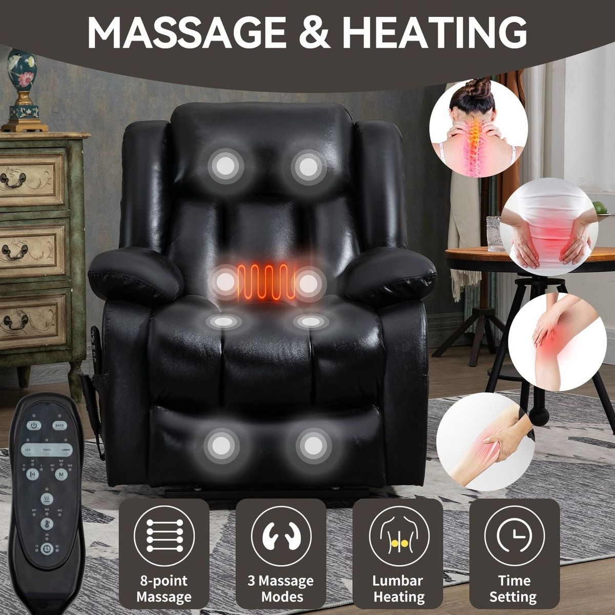 Dual Motor Infinite Position Up to 350 LBS Electric Medium size Genuine Leather Black Power Lift Recliner Chair with 8-Point Vibration Massage and Lumbar Heating