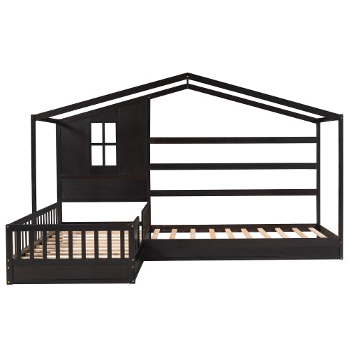 Wood House Bed Twin Size, 2 Twin Solid Bed L structure with fence and slatted frame, Espresso