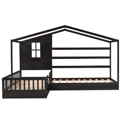 Wood House Bed Twin Size, 2 Twin Solid Bed L structure with fence and slatted frame, Espresso
