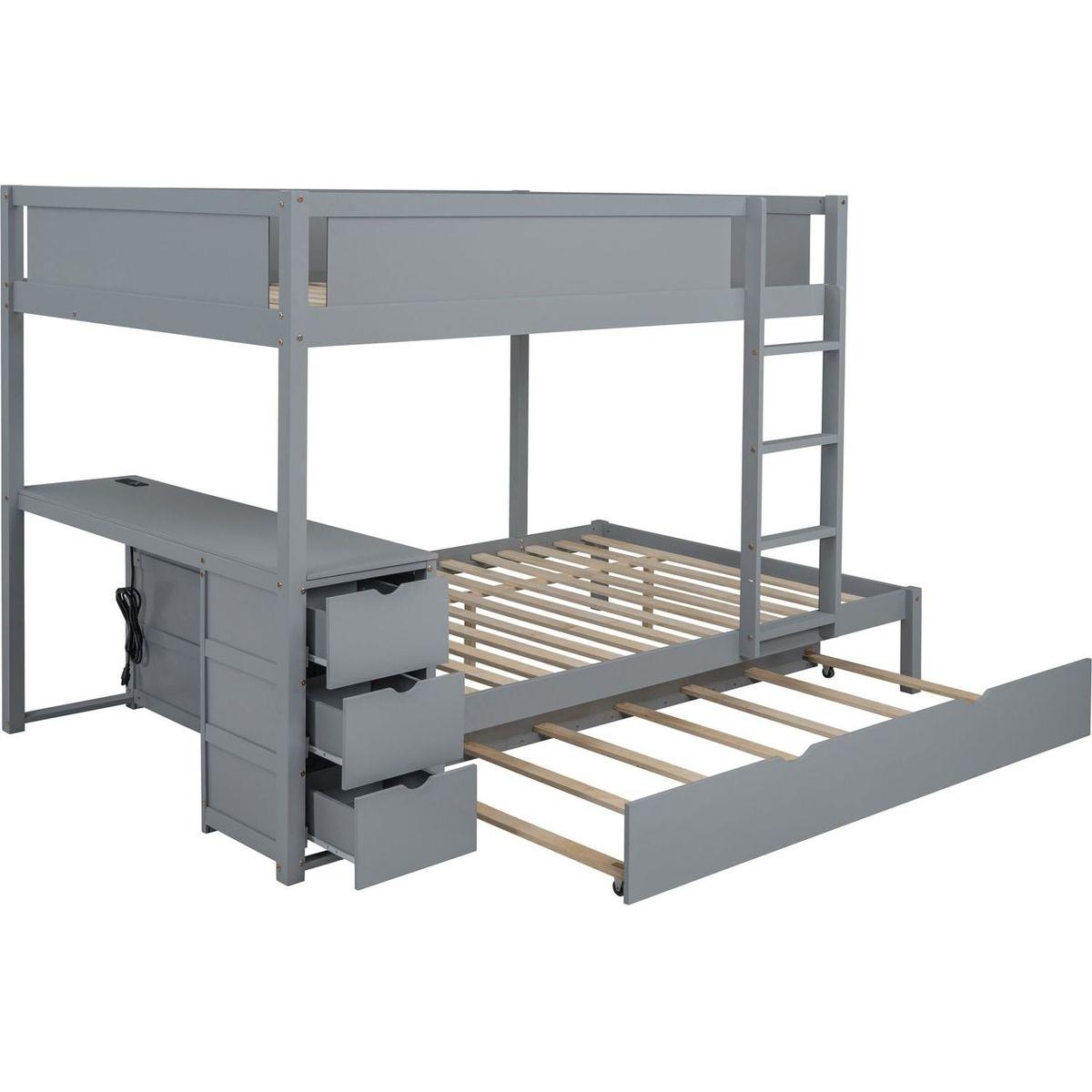 Full-Over-Full Bunk Bed with Twin size Trundle, Storage and Desk, Gray