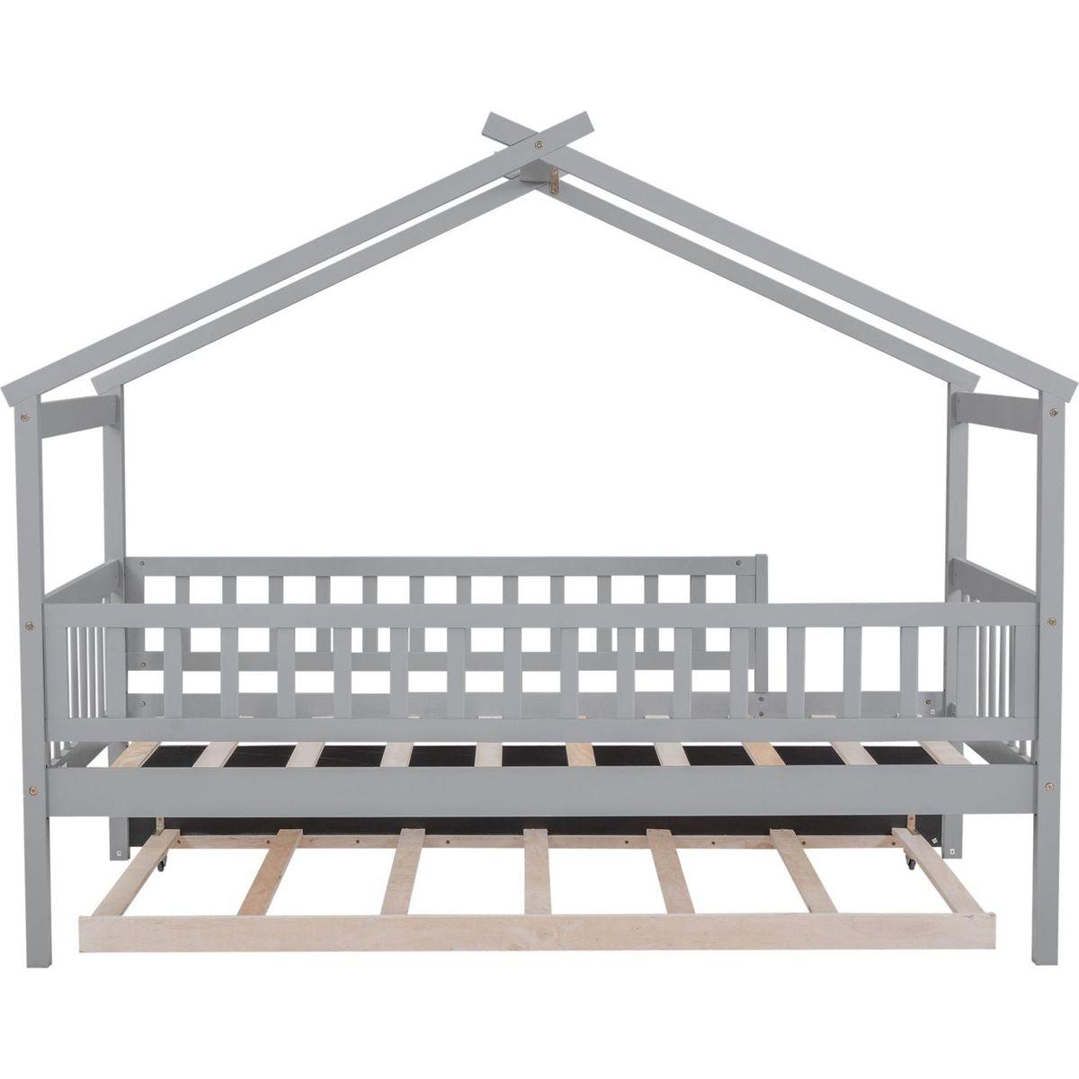 Twin Size Wooden House Bed with Twin Size Trundle, Gray