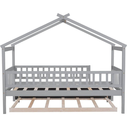 Twin Size Wooden House Bed with Twin Size Trundle, Gray