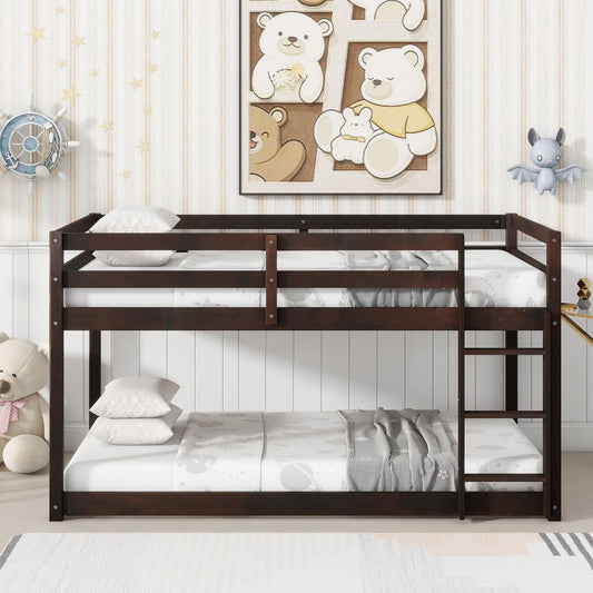 Solid Wooden, Solid Rubber Wooden Twin over Twin Loft Bed with Ladder, with Bed Platform of Strengthened Slats, Espresso