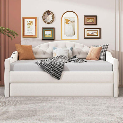Twin Size Tufted Upholstered Daybed with Trundle, Velvet Sofabed with USB&Type-C Charging Ports,No Box-spring Needed, Beige