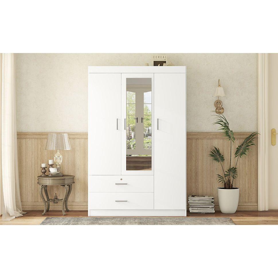 3-Door Mirror Wardrobe with shelves, White - Streamdale Furniture
