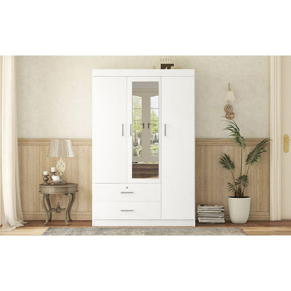 3-Door Mirror Wardrobe with shelves, White - Streamdale Furniture