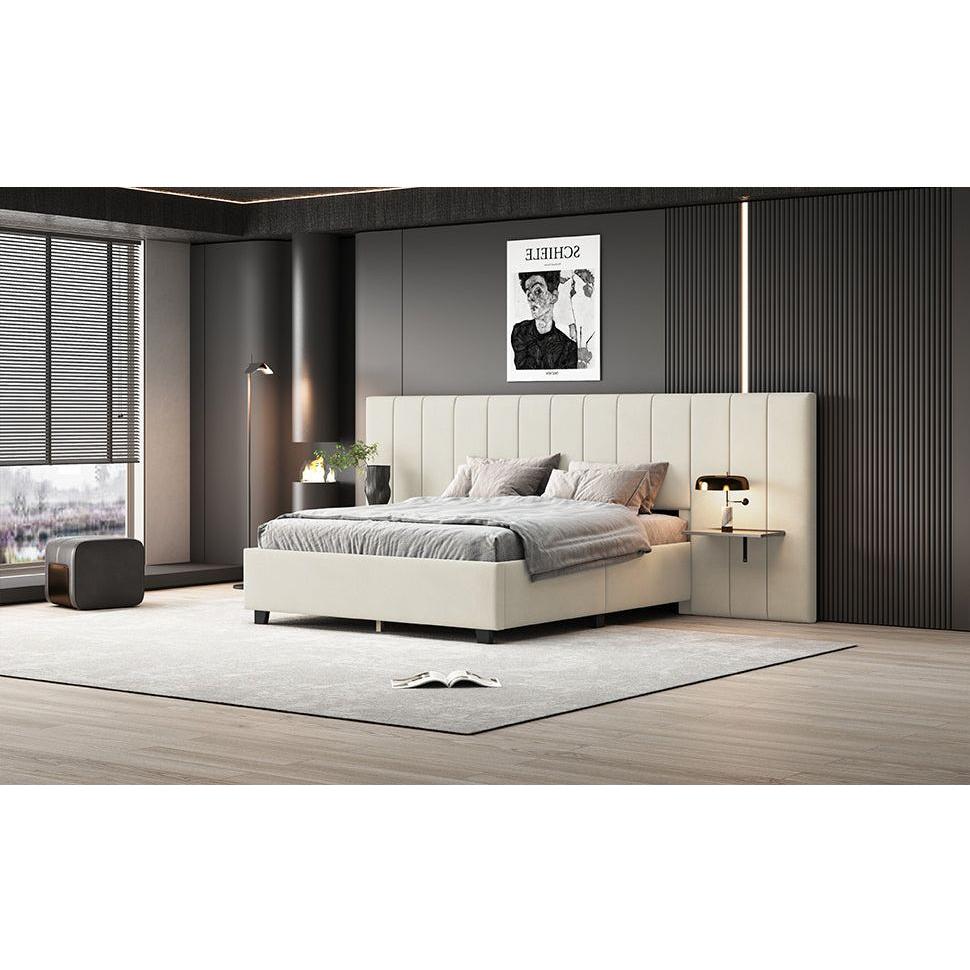 Queen Size Upholstered Platform Bed with Big Headboard, Bedroom Furniture, Velvet, Beige