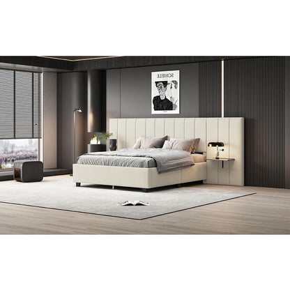 Queen Size Upholstered Platform Bed with Big Headboard, Bedroom Furniture, Velvet, Beige