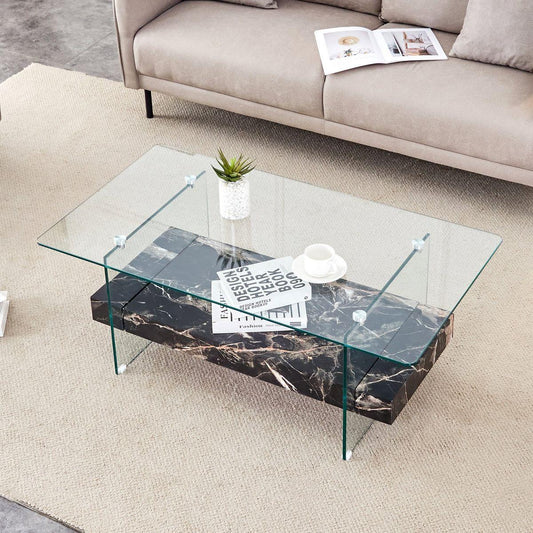 43.3 Inch Modern Two-Tier Coffee Table - An Elegant Combination of Clear Glass and Black Marble Pattern.It can be used not only as a coffee table but also as a side table or display stand.