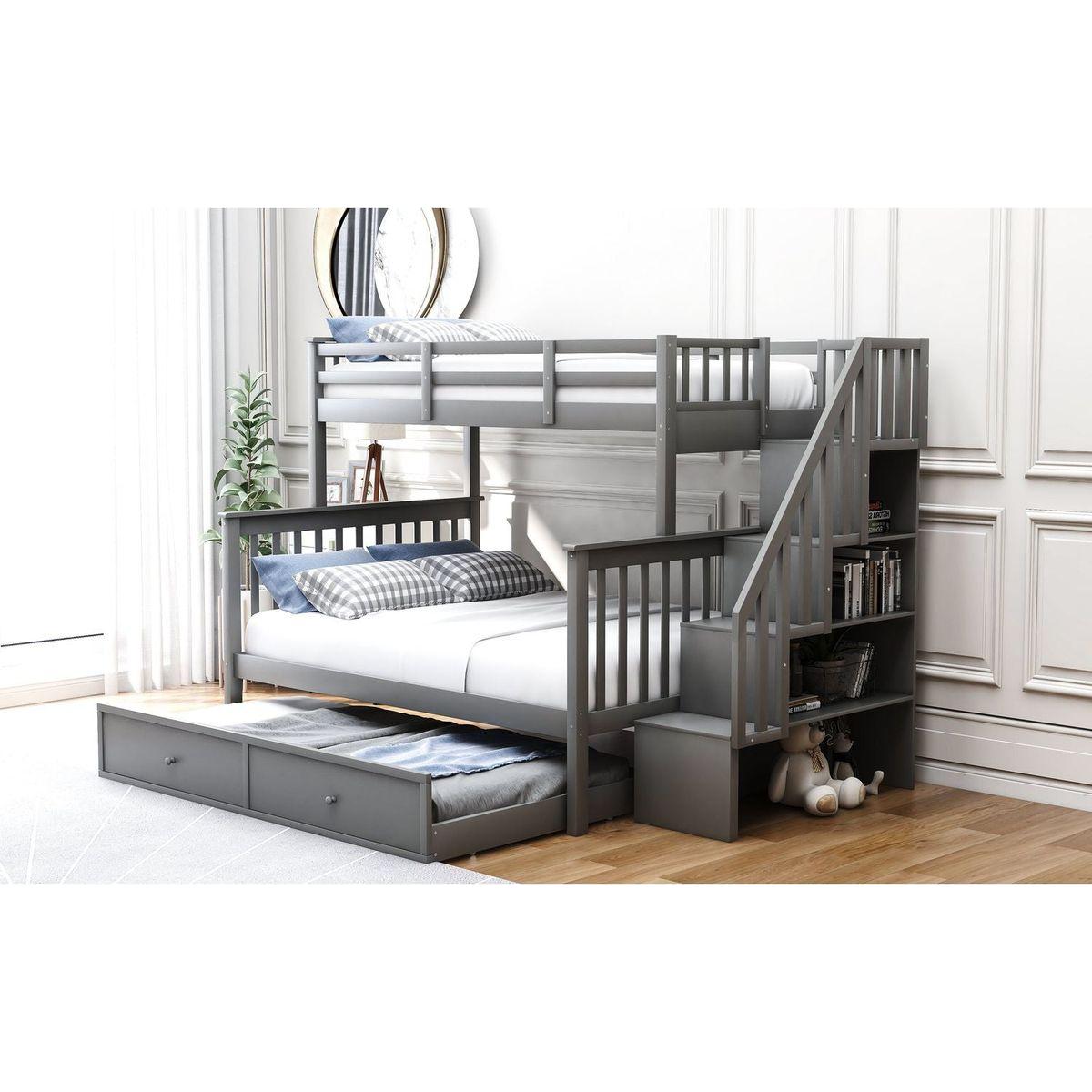 Stairway Twin-Over-Full Bunk Bed with Twin size Trundle, Storage and Guard Rail for Bedroom, Dorm, for Adults, Gray