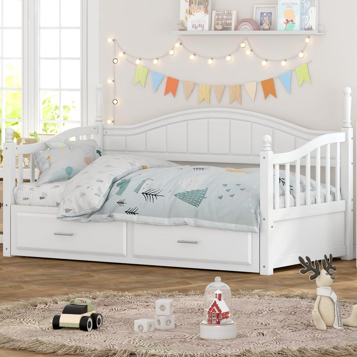 Wooden Twin Size Daybed with Twin Size Trundle, Extendable Daybed with Two Storage Drawers,White