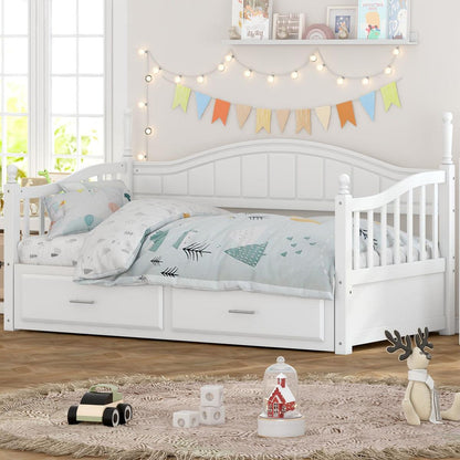 Wooden Twin Size Daybed with Twin Size Trundle, Extendable Daybed with Two Storage Drawers,White
