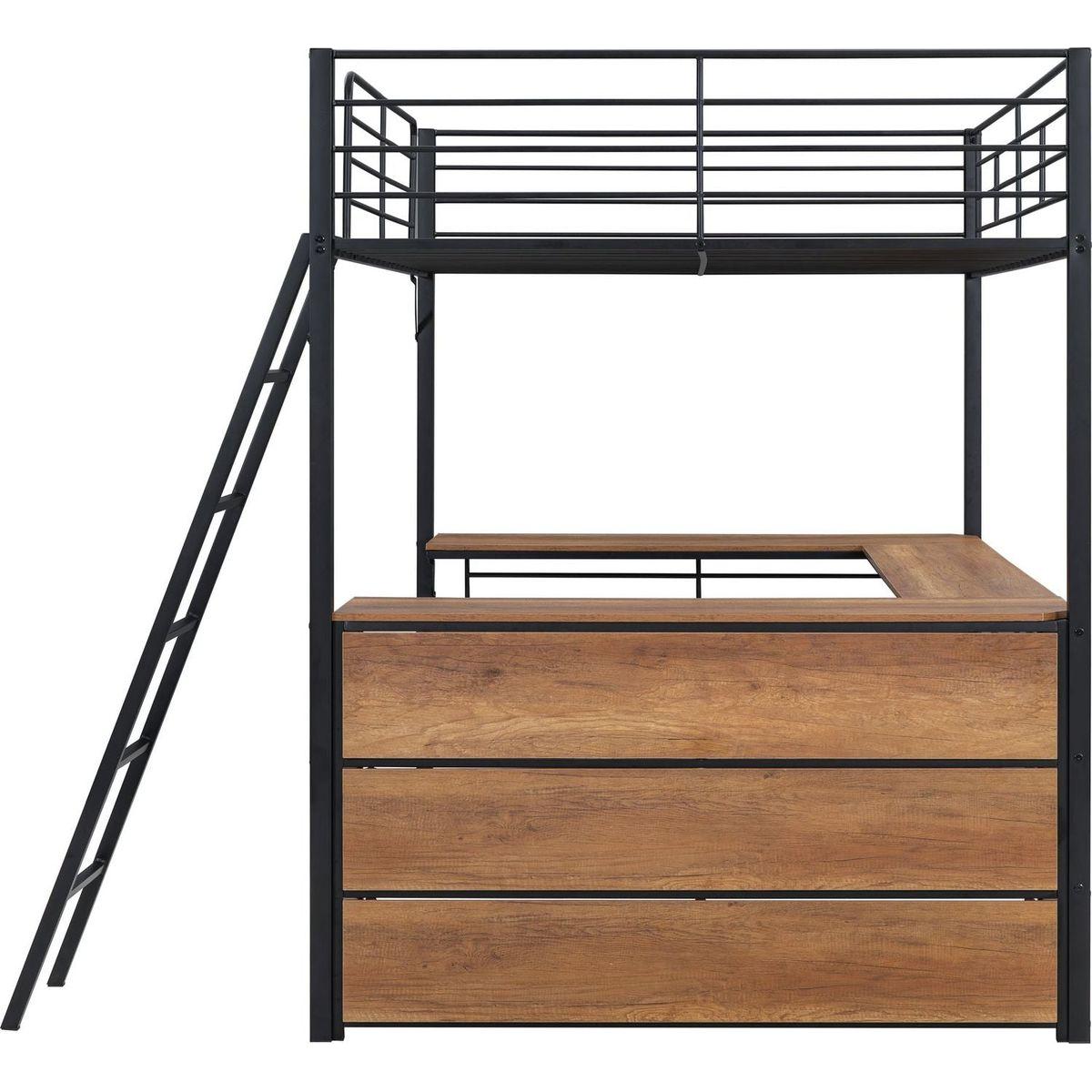Full Size Metal Loft Bed with 3 Layers of Shelves and L-shaped Desk, Black