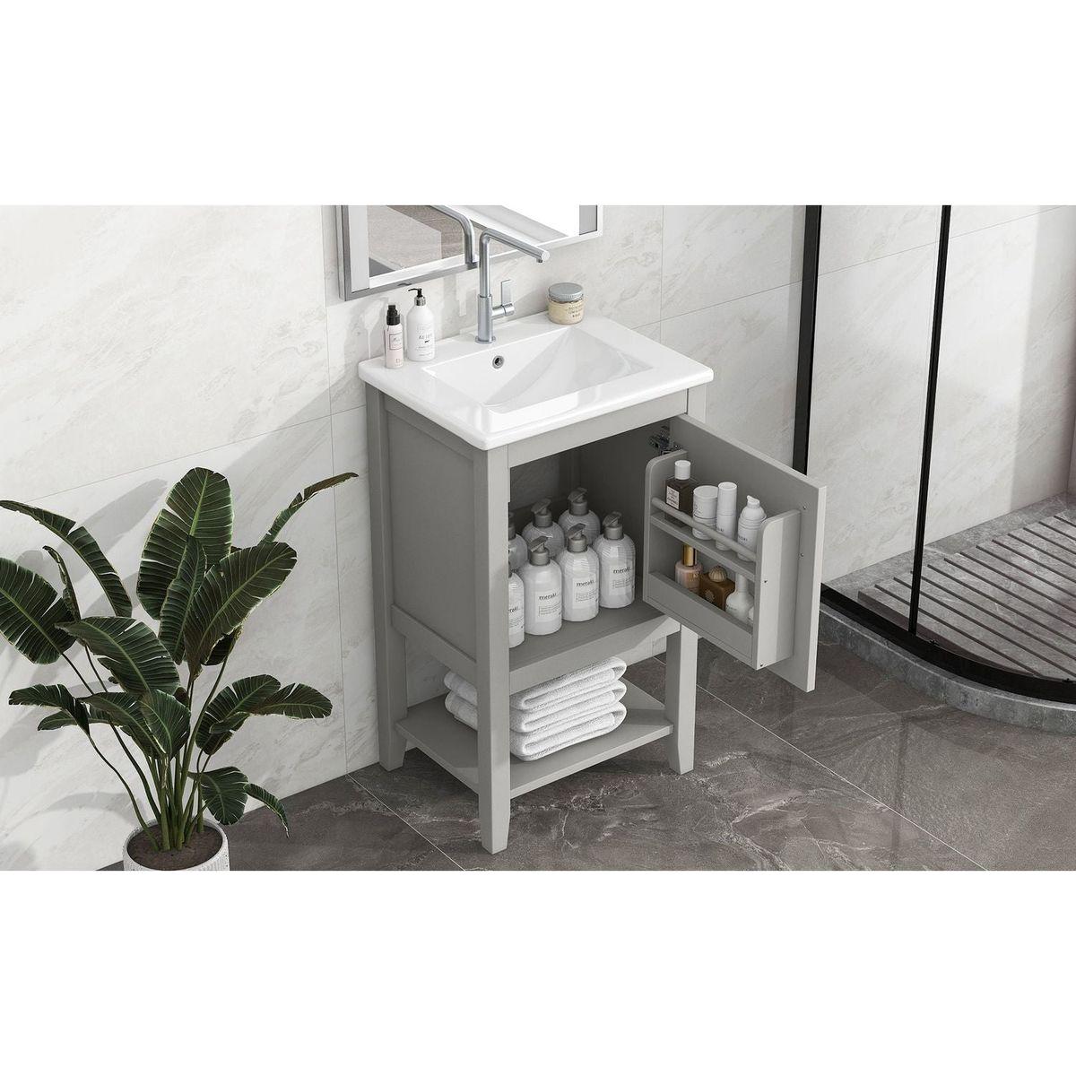 20" Bathroom Vanity with Sink, Bathroom Cabinet with Soft Closing Door, Storage Rack and Open Shelf, Grey