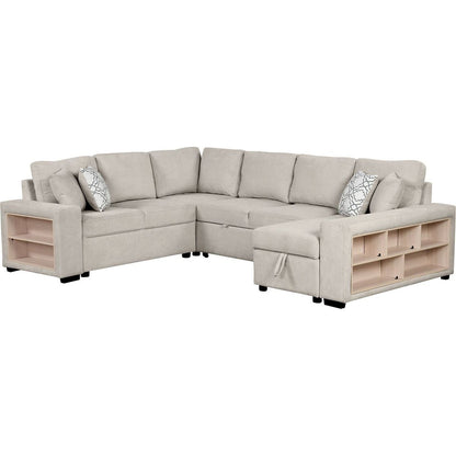 109" U-shaped Sectional Sofa Pull-out Sofa Bed with Two USB Ports, a Storage Chaise Lounge and Four Back Pillows for Living Room, Beige