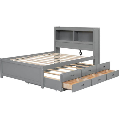 Full Size platform bed with trundle, drawers and USB plugs, Gray