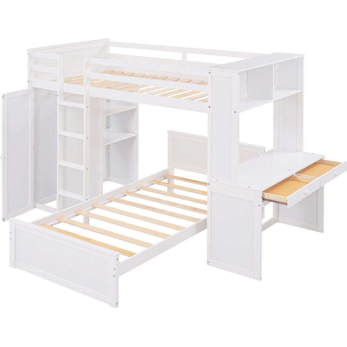 Twin size Loft Bed with a Stand-alone bed, Shelves,Desk,and Wardrobe-White