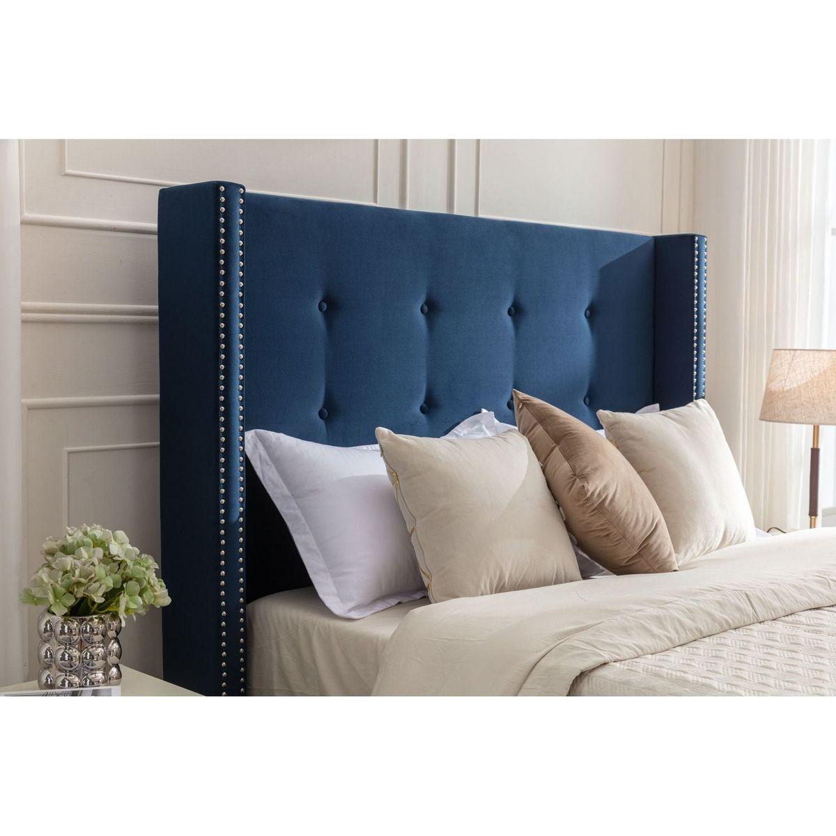 Upholstered King Bed / 54" High Headboard / Traditional Hand Buttoned Tufting / Nailhead Trim Wingback / No Box Spring Needed / Easy Assembly / Blue Velvet
