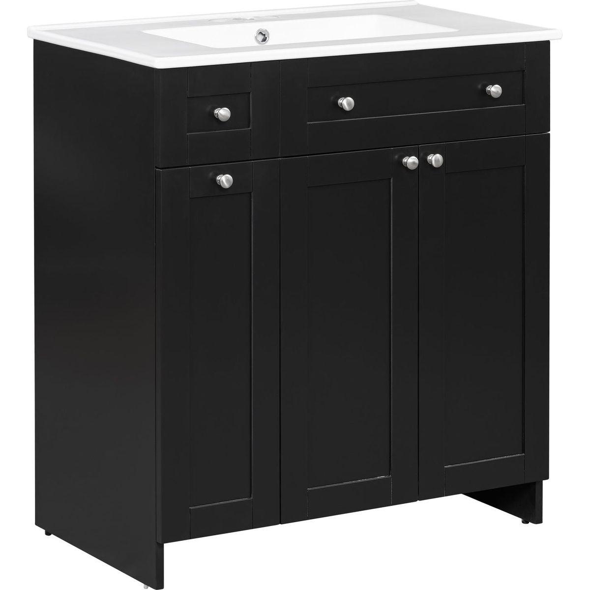 30-Inch Black Bathroom Vanity with Ceramic Sink Combo, Abundant Storage Cabinet - 2 Soft-close Doors and Double-tier Deep Drawer