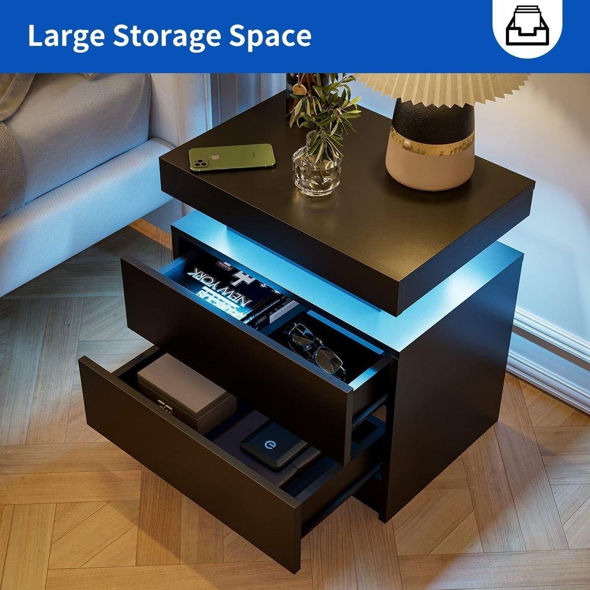 Nightstand LED Bedside Table Cabinet Lights Modern End Side with 2 Drawers for Bedroom (Black)