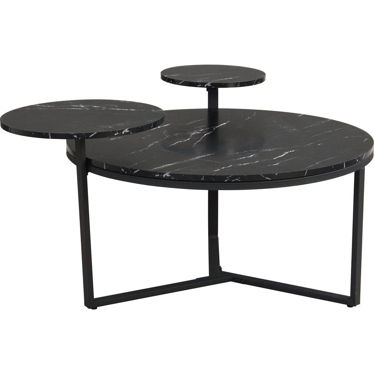 Modern coffee table with two display shelves, Black Faux marble surfaces, Tripod-inspired base,Rounded tabletop edges