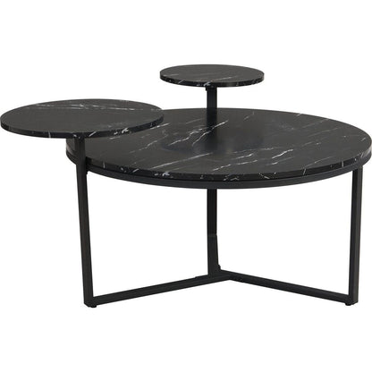 Modern coffee table with two display shelves, Black Faux marble surfaces, Tripod-inspired base,Rounded tabletop edges