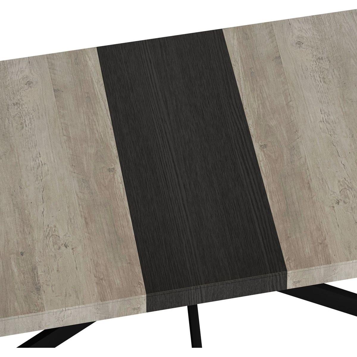 55.11" -70.86"Retro Rectangular Stretch Dining Table, Grey Carole Top With Black Embossed Center Plate, Black Fine Sand Cross Iron Foot Base Dining Table, With Storage Box.