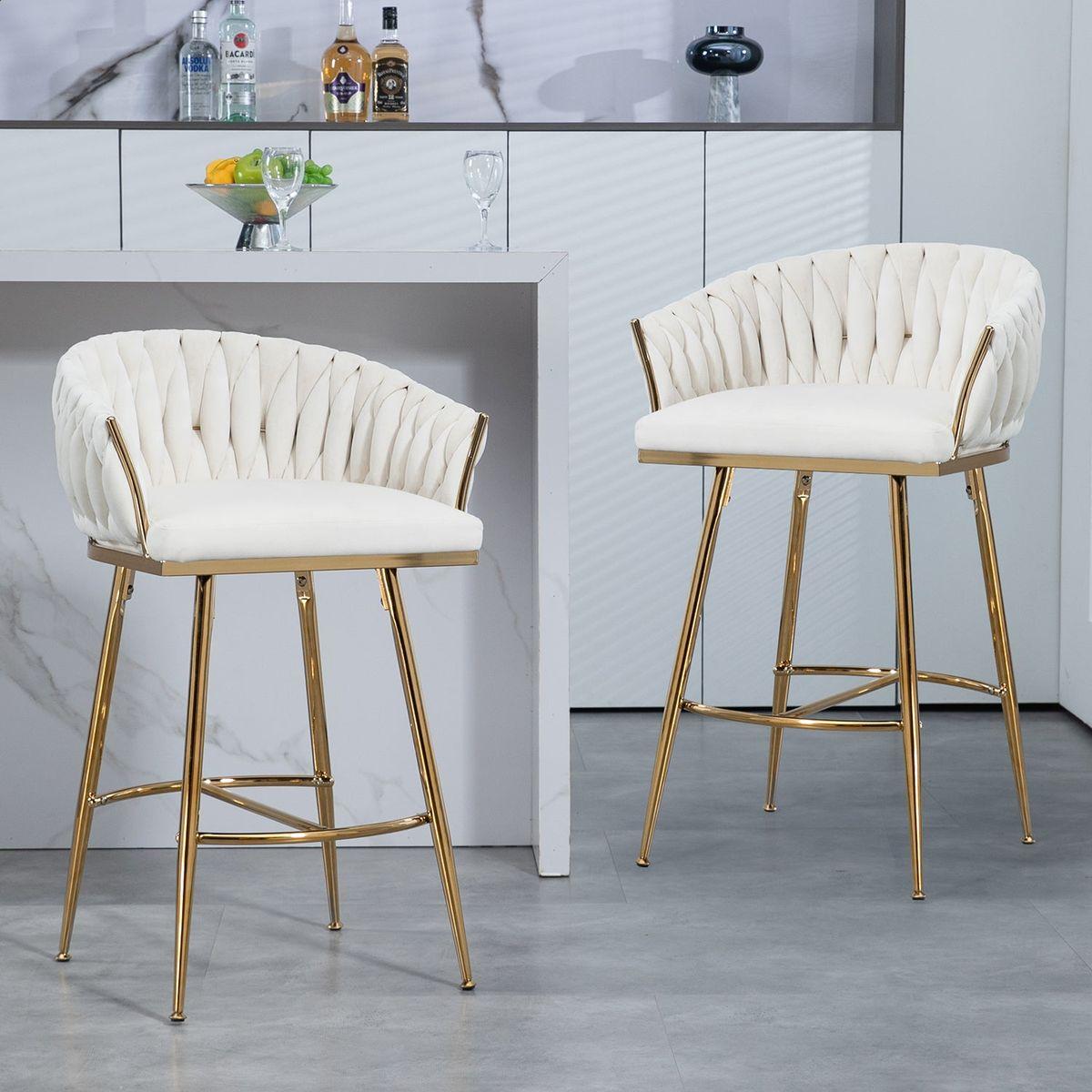 26" Counter height bar stools velvet kitchen island counter bar stool with hand- wave back,golden chromed base and footrest (BEIGE)