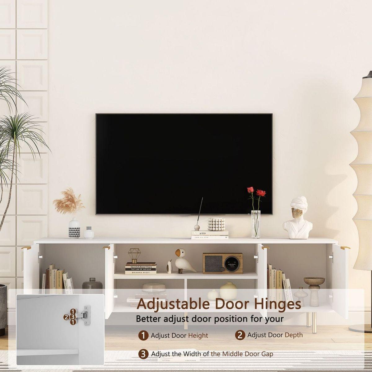 White Modern TV Stand Fluted 68" with Power Outlet, Entertainment Center with Storage Doors, TV Console Media Cabinet, for 55+ Inch TV, Living Room