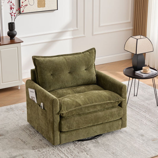 UNITED WE WIN Swivel Barrel Chair - Mid Century Modern Chair, Thick Padded Arm Chair with Solid Metal Base, Comfortable Single Sofa Chair, Swivel Accent Chair for Living Room Bedroom