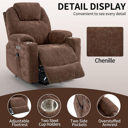 Okin motor Up to 350 LBS Chenille Power Lift Recliner Chair, Heavy Duty Motion Mechanism with 8-Point Vibration Massage and Lumbar Heating, USB and Type-C Ports, Stainless Steel Cup Holders, Brown