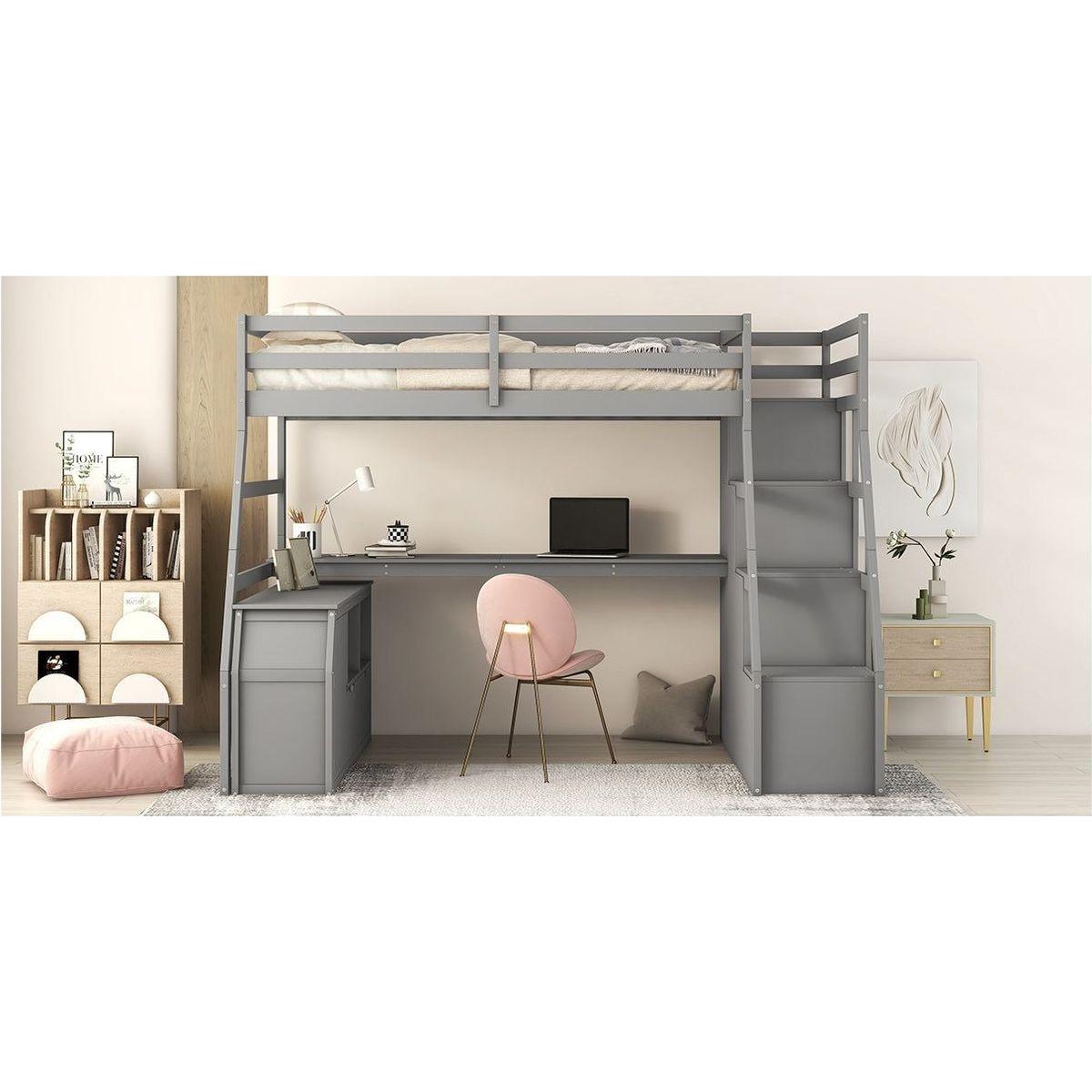 Twin Size Loft Bed with 7 Drawers 2 Shelves and Desk - Gray