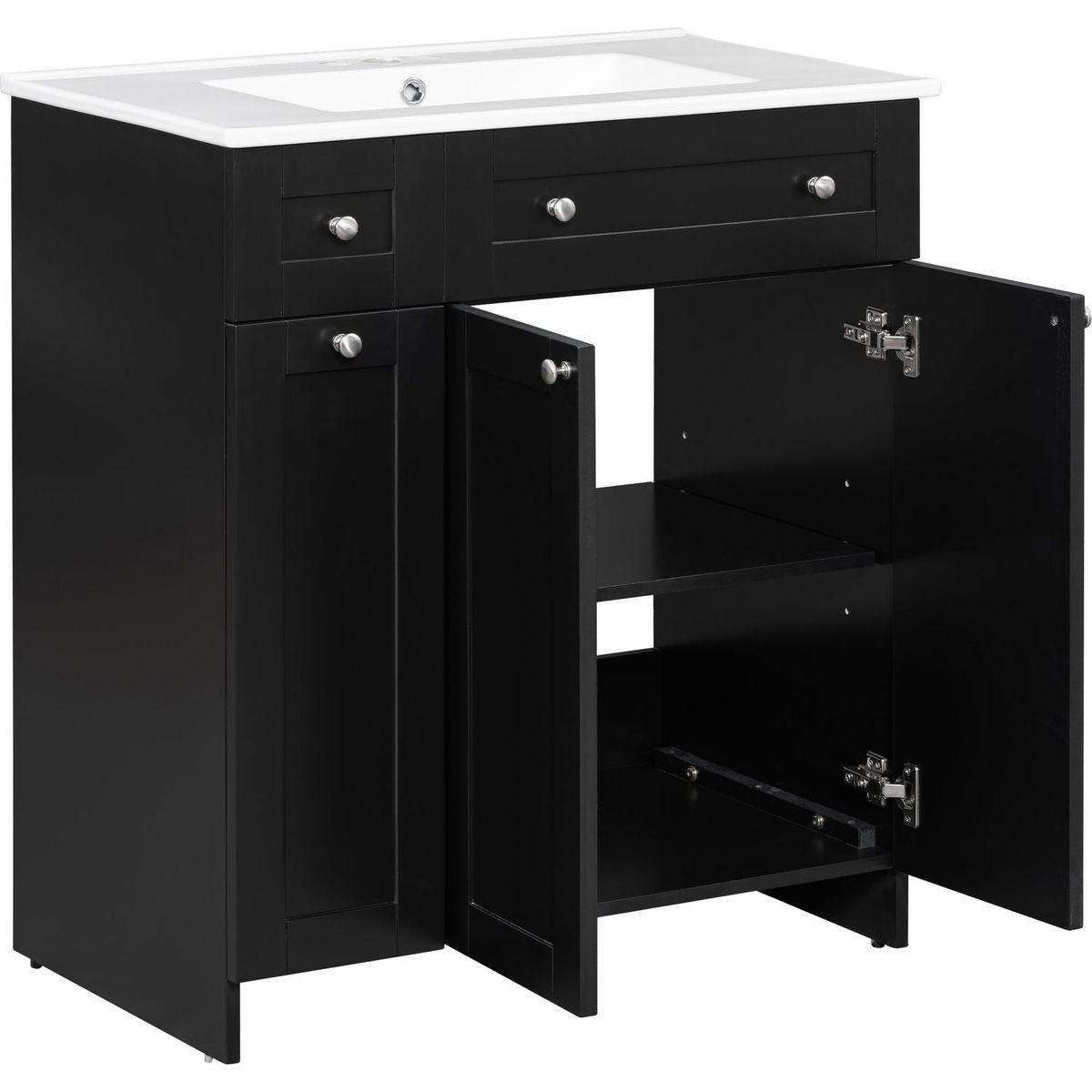 30-Inch Black Bathroom Vanity with Ceramic Sink Combo, Abundant Storage Cabinet - 2 Soft-close Doors and Double-tier Deep Drawer