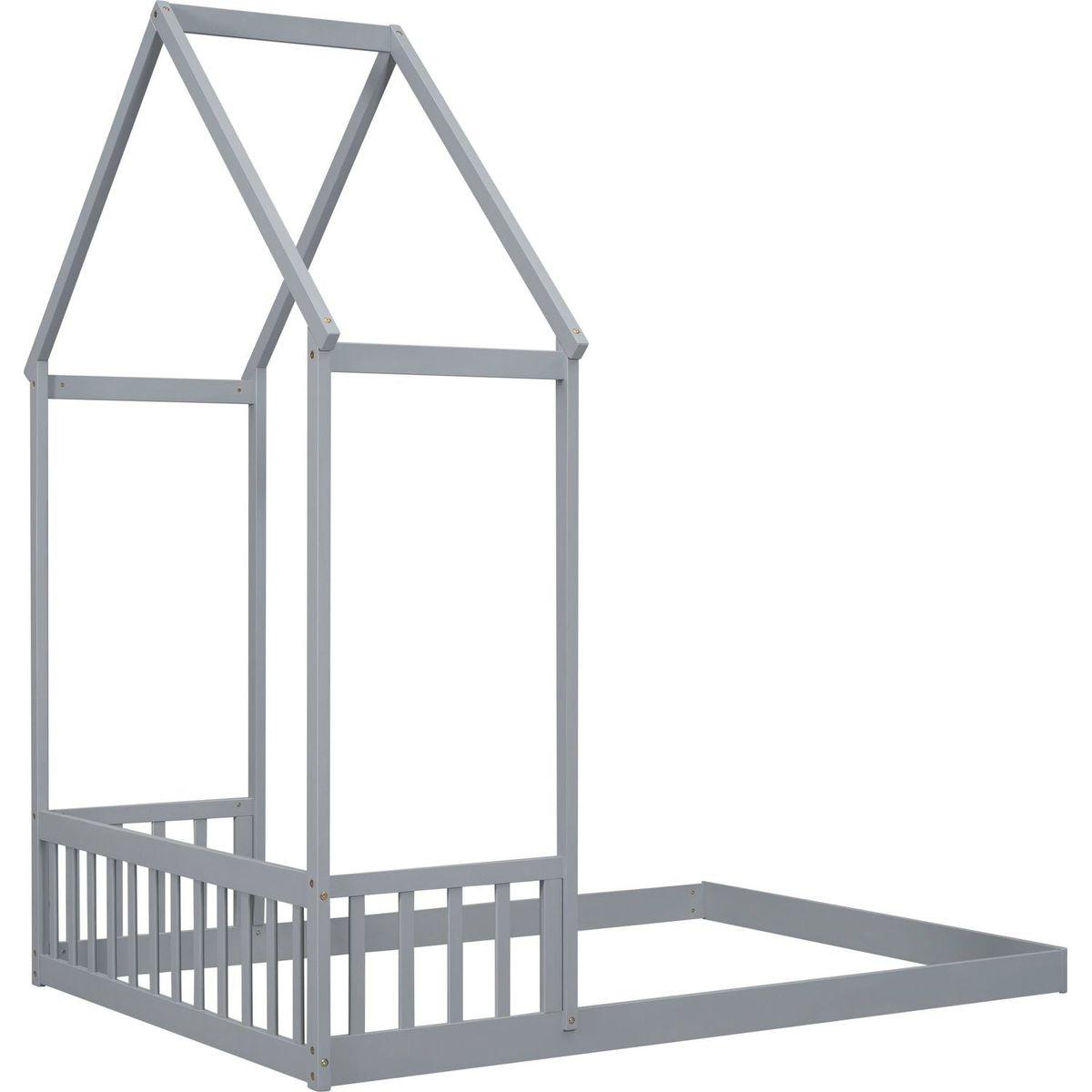 Full Roof-framed Headboard Floor Bed with Headboard Guardrails, without Slats, Grey