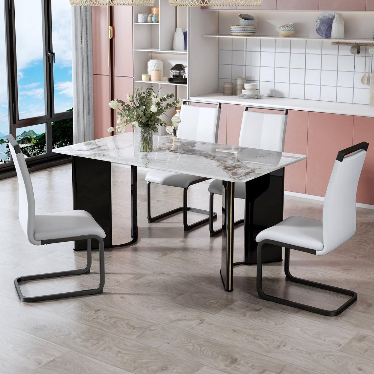 Table and chair set. A white imitation marble desktop with MDF legs and gold metal decorative strips. Paired with 4 dining chairs with white backrest and black metal legs.F-HH