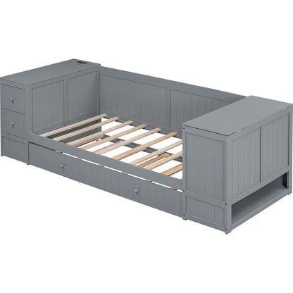 Twin Size Daybed with Storage Arms, Trundle and Charging Station, Gray