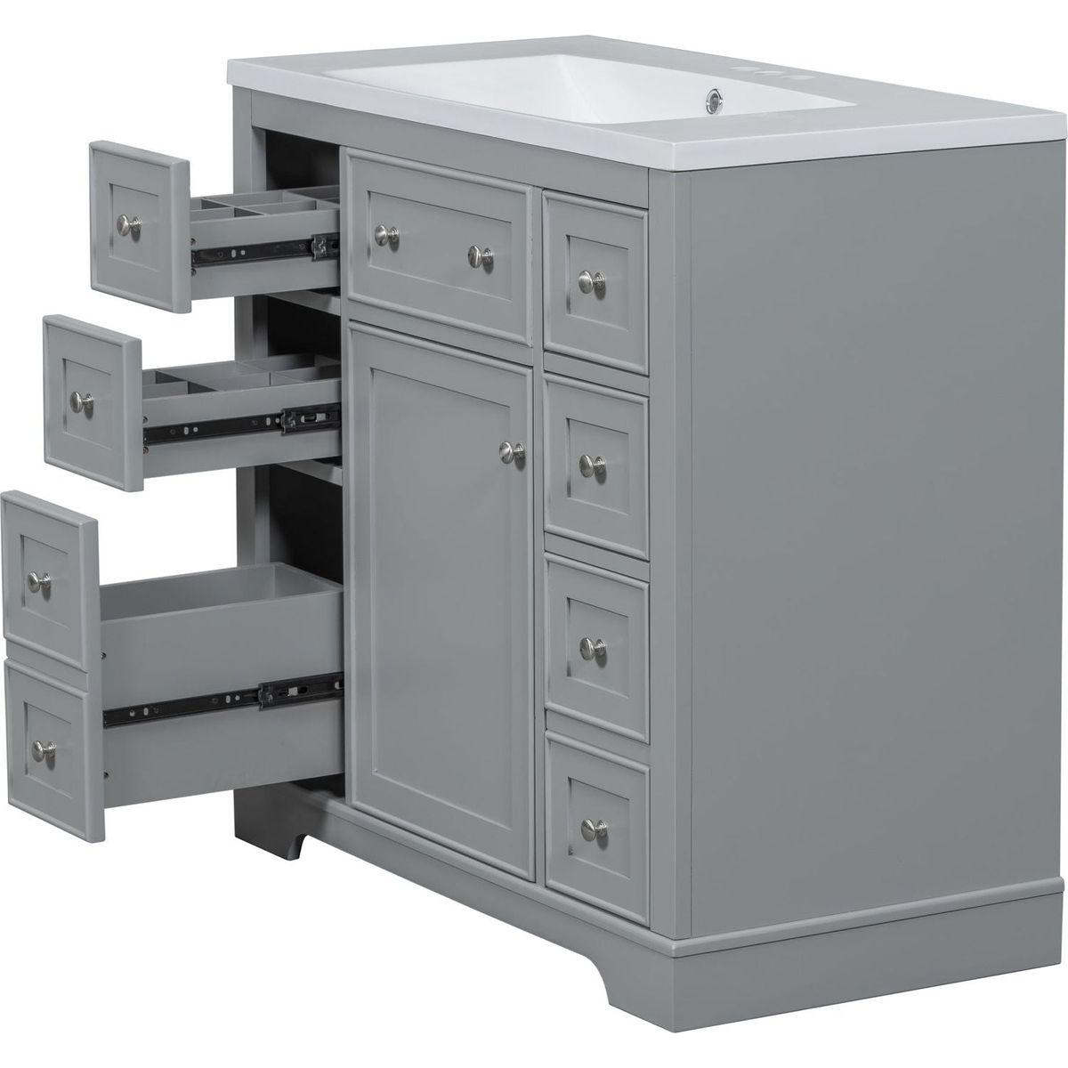 36" Bathroom Vanity with Sink Combo, One Cabinet and Six Drawers, Solid Wood and MDF Board, Grey