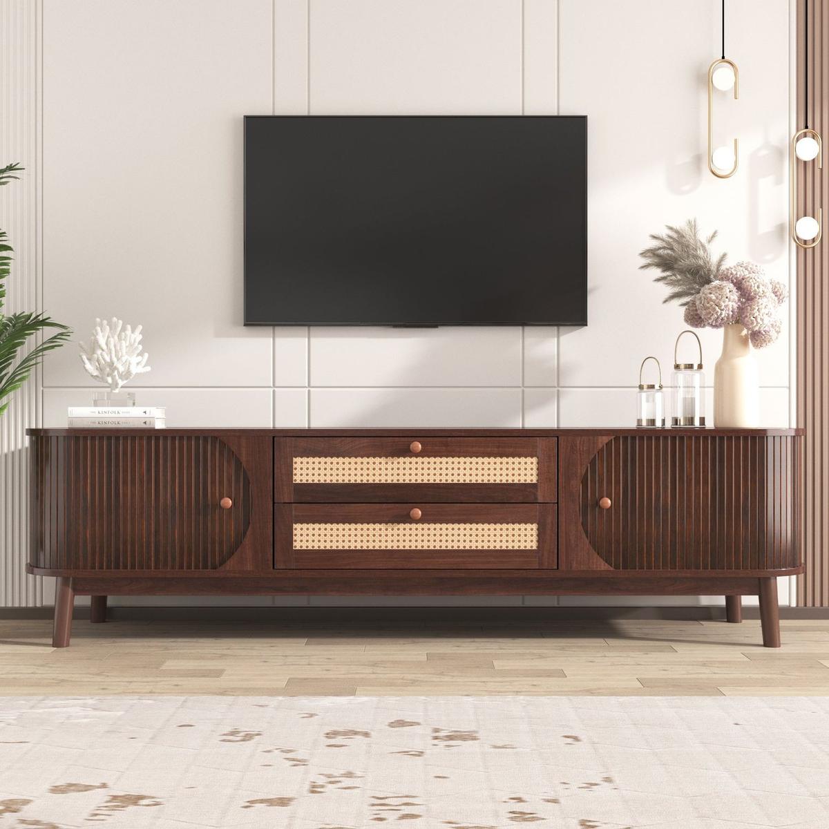 Rattan TV Stand for TVs up to 75", Modern Farmhouse Media Console, Entertainment Center with Solid Wood Legs, TV Cabinet for Living Room,Home Theatre
