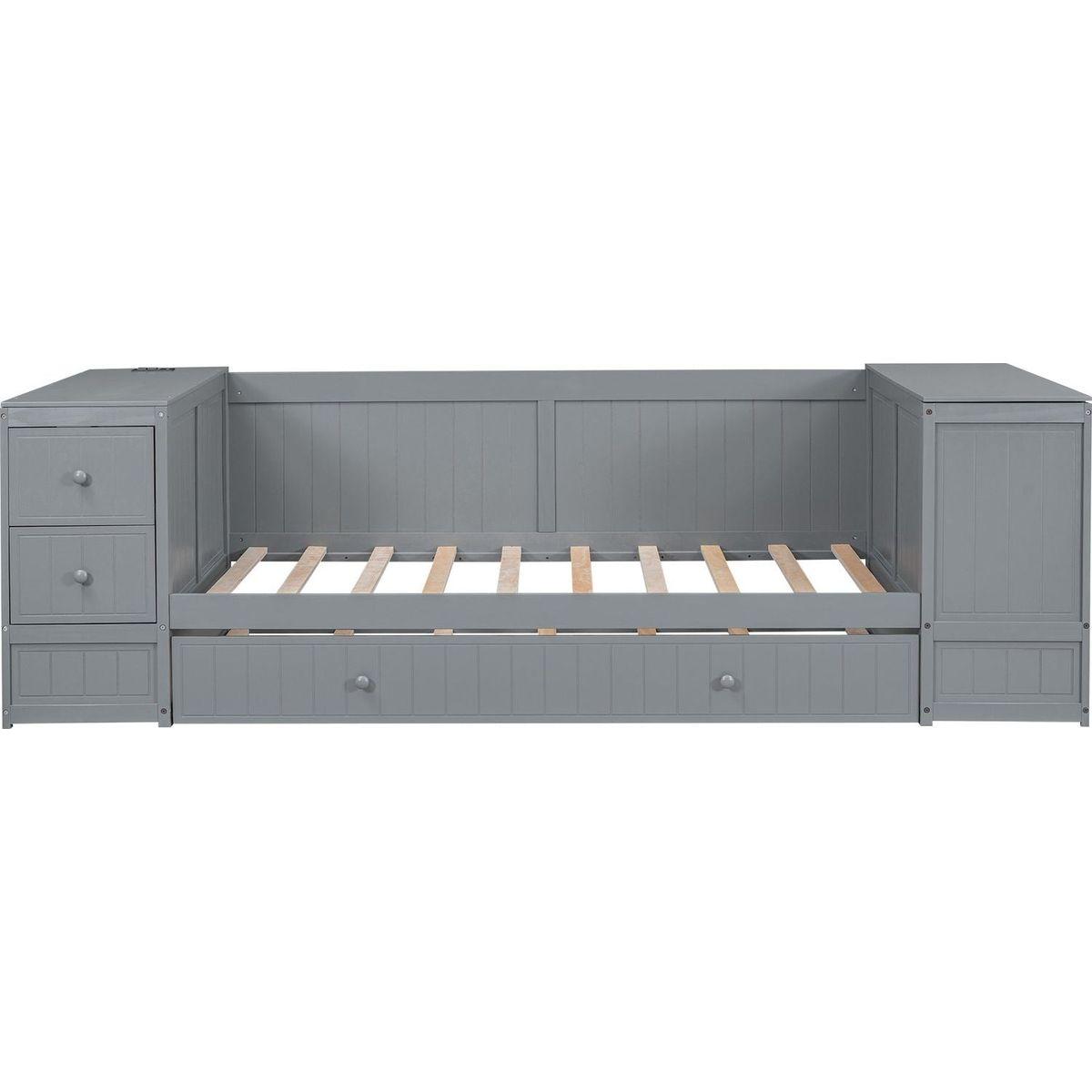 Twin Size Daybed with Storage Arms, Trundle and Charging Station, Gray