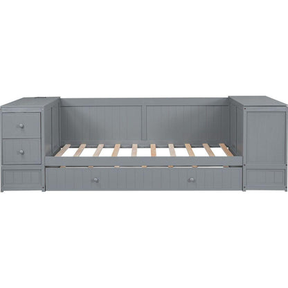 Twin Size Daybed with Storage Arms, Trundle and Charging Station, Gray