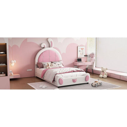 Twin Size Upholstered Platform Bed with Rabbit Shaped Headboard, White