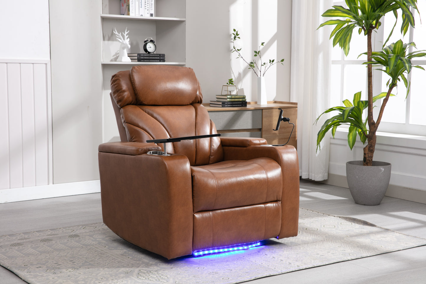 Power Motion Recliner with USB Charging Port and Hidden Arm Storage, Home Theater Seating with Convenient Cup Holder Design, and stereo(Light Brown)