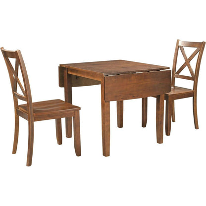 3-Piece Wood Drop Leaf Breakfast Nook Dining Table Set with 2 X-back Chairs for Small Places, Brown