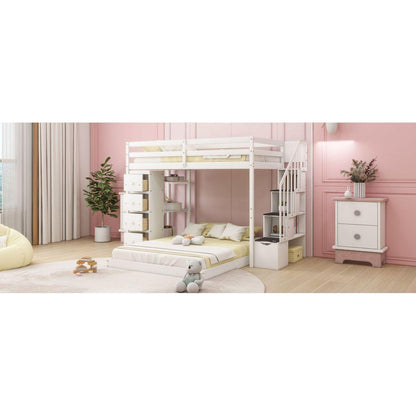 Twin Over Full Bunk Bed with 3-layer Shelves, Drawers and Storage Stairs, White