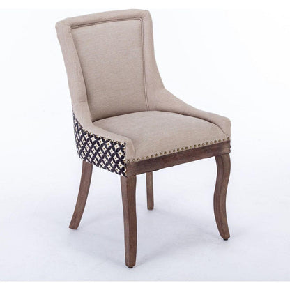 Ultra Side Dining Chair, Thickened fabric chairs with neutrally toned solid wood legs, Bronze nail head, Set of 2, Beige and Patterned