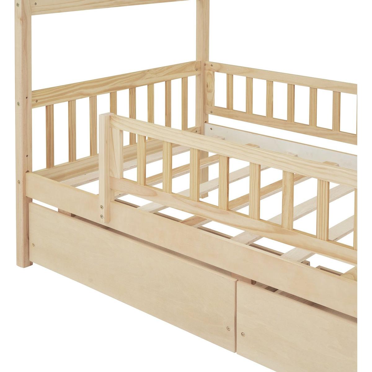 Twin Size Wooden House Bed with Two Drawers, Natural