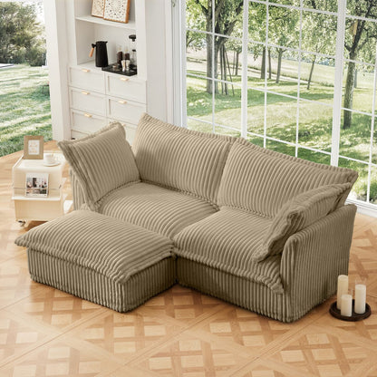 Slipcovered Sectional 2 Seater Sofa Couch with Convertible Ottoman, Wide and Deep Seat L Shaped Sofa with Detachable Cover and Soft Multiple Big Pillows,Camel Corduroy Fabric