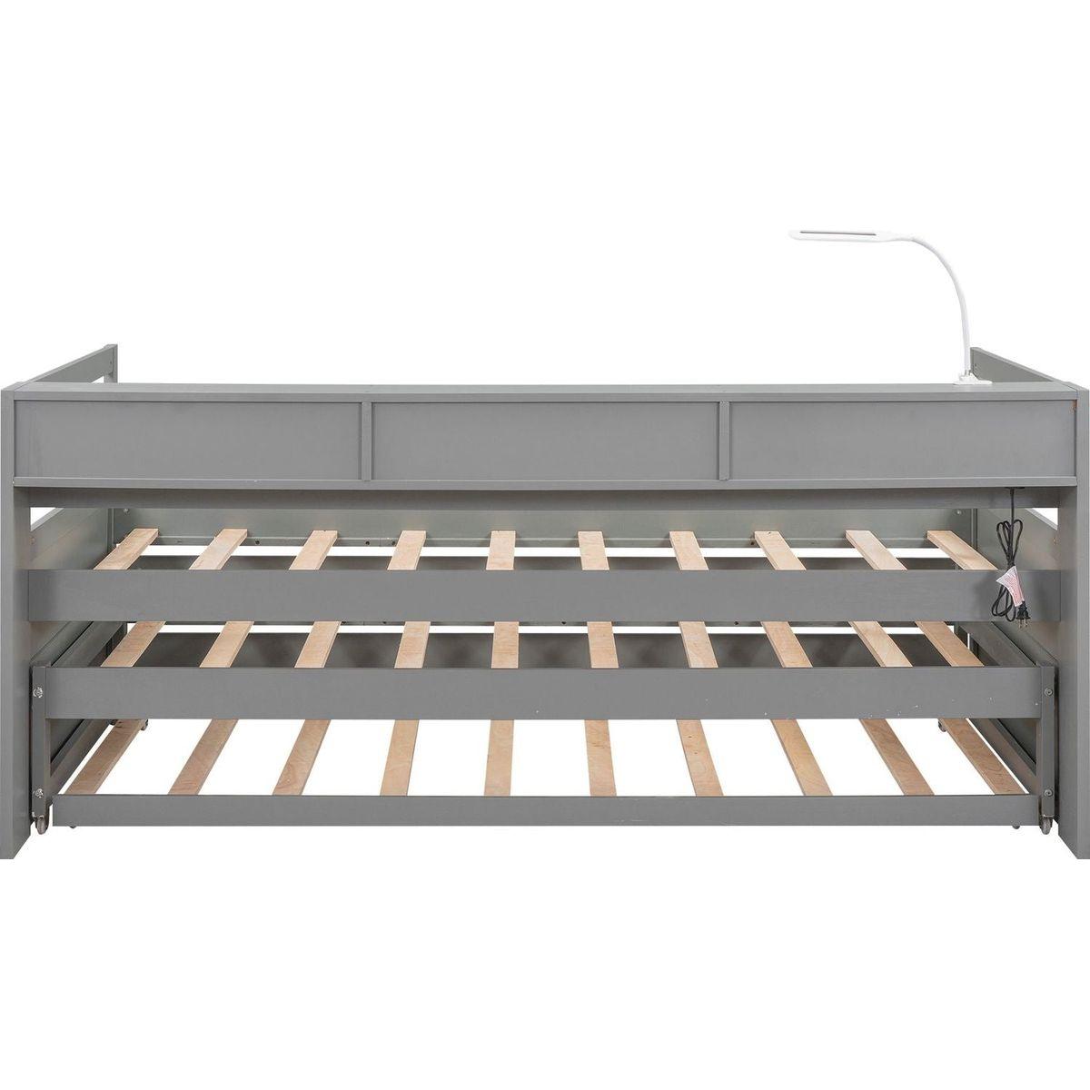 Twin XL Wood Daybed with 2 Trundles, 3 Storage Cubbies, 1 Light for Free and USB Charging Design, Gray