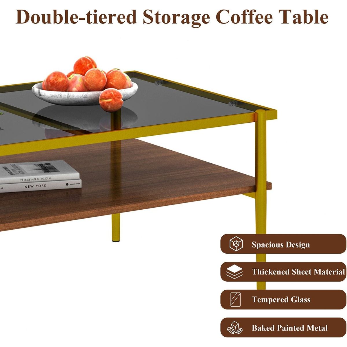 Rectangle Coffee Table with Gray Tempered Glass top and Golden Legs, Modern Table for Living Room